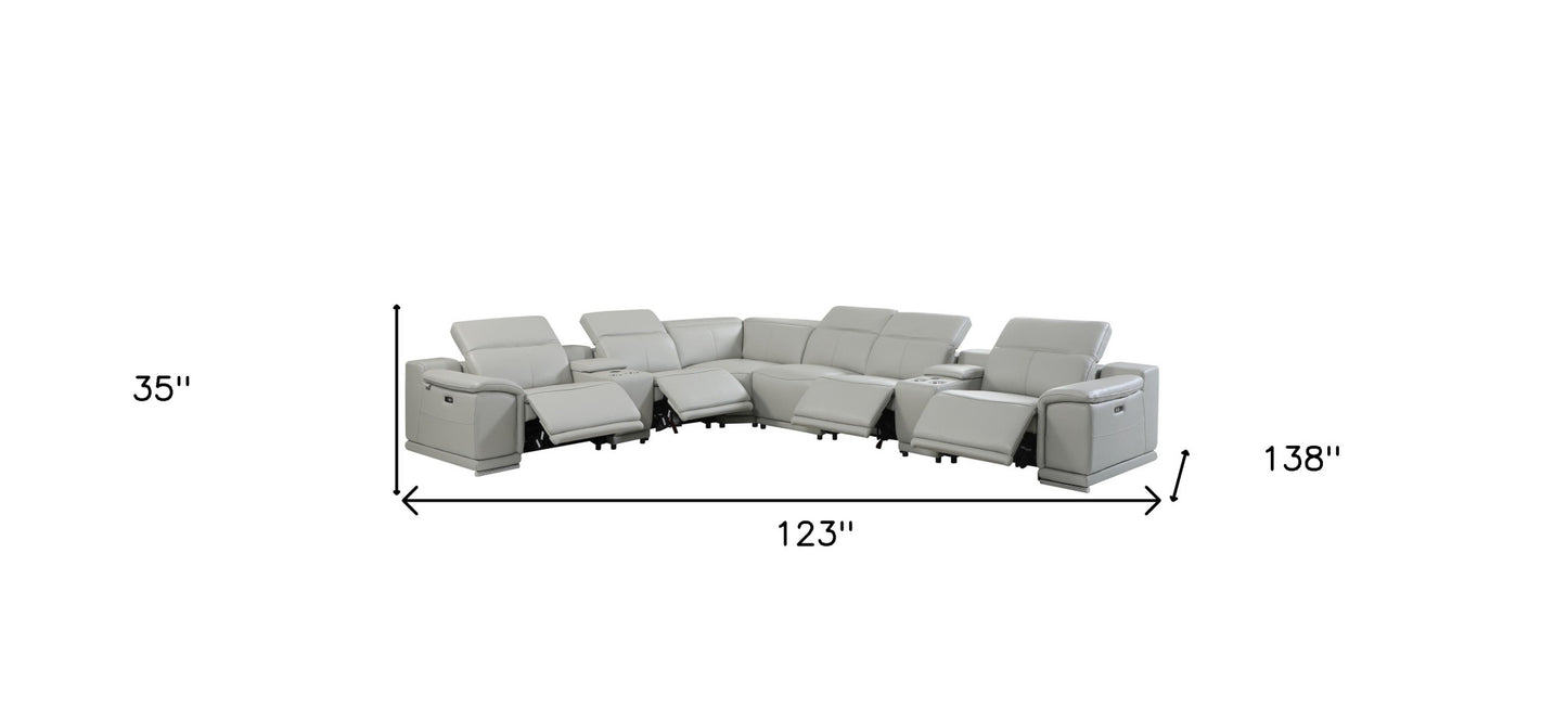 Light Gray Italian Leather Power Reclining U Shaped Eight Piece Corner Sectional With Console