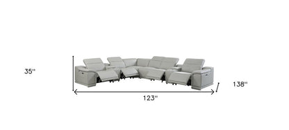 Light Gray Italian Leather Power Reclining U Shaped Eight Piece Corner Sectional With Console HomeRoots