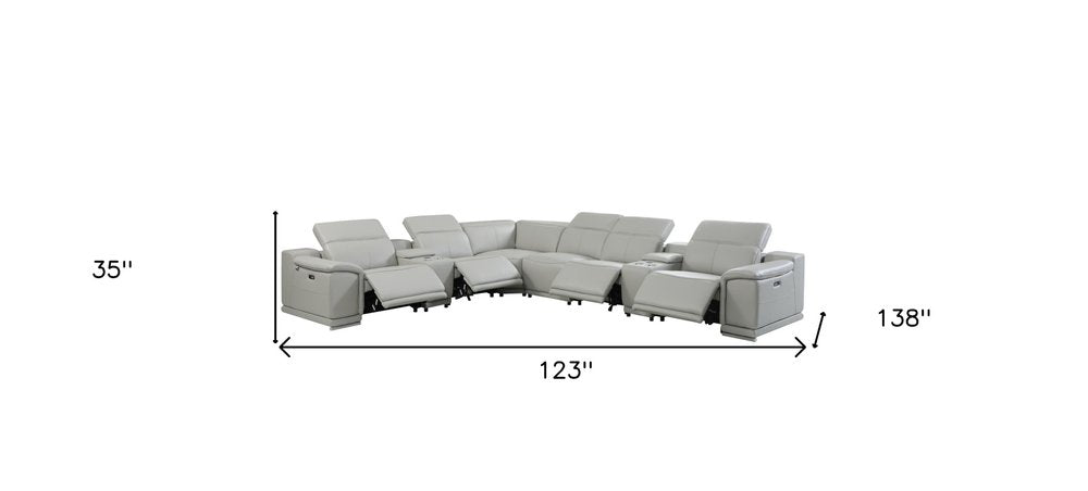 Light Gray Italian Leather Power Reclining U Shaped Eight Piece Corner Sectional With Console HomeRoots