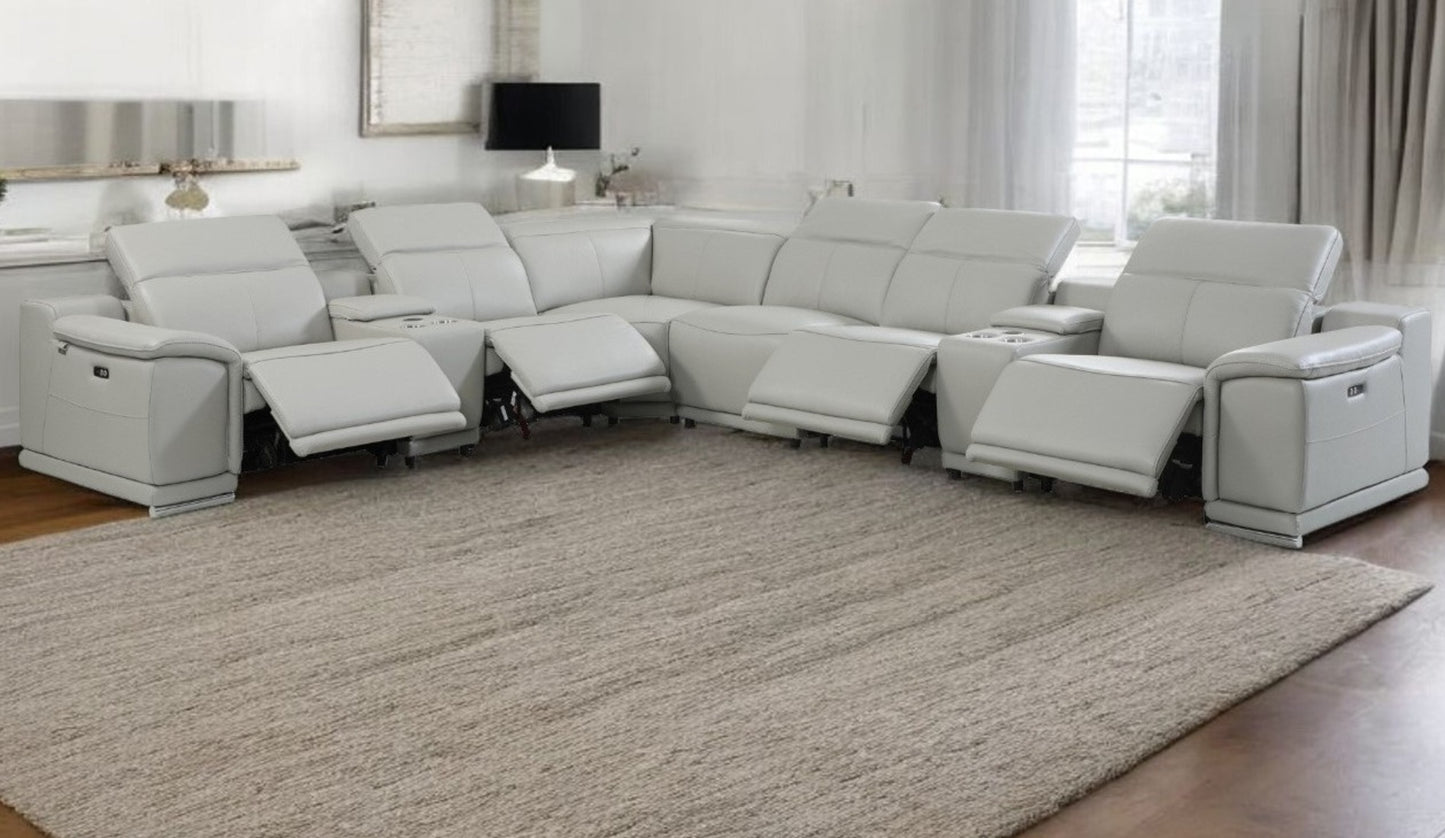 Light Gray Italian Leather Power Reclining U Shaped Eight Piece Corner Sectional With Console