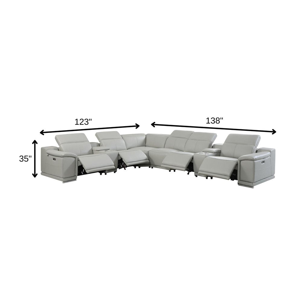 Light Gray Italian Leather Power Reclining U Shaped Eight Piece Corner Sectional With Console HomeRoots