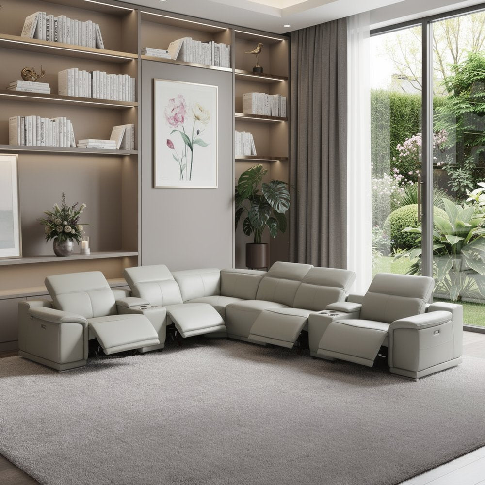 Light Gray Italian Leather Power Reclining U Shaped Eight Piece Corner Sectional With Console HomeRoots