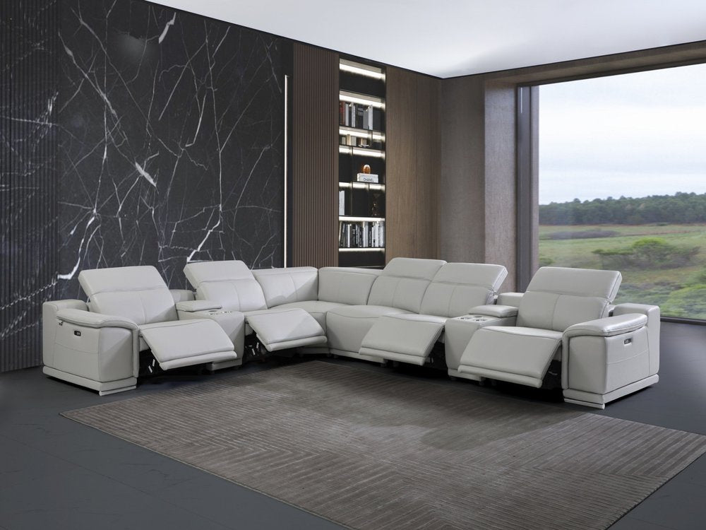 Light Gray Italian Leather Power Reclining U Shaped Eight Piece Corner Sectional With Console HomeRoots