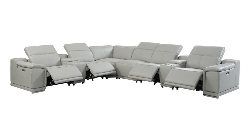 Light Gray Italian Leather Power Reclining U Shaped Eight Piece Corner Sectional With Console — view 1