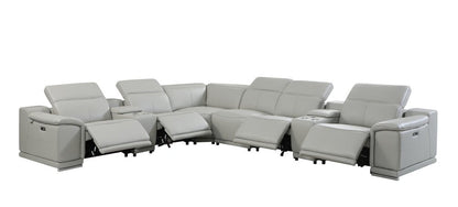 Light Gray Italian Leather Power Reclining U Shaped Eight Piece Corner Sectional With Console HomeRoots