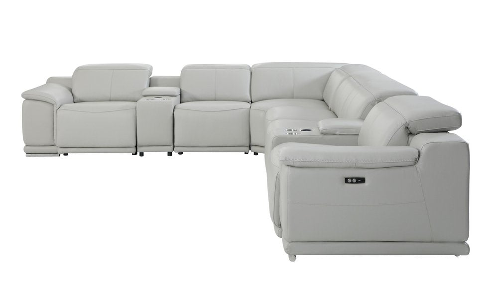Light Gray Italian Leather Power Reclining U Shaped Eight Piece Corner Sectional With Console HomeRoots