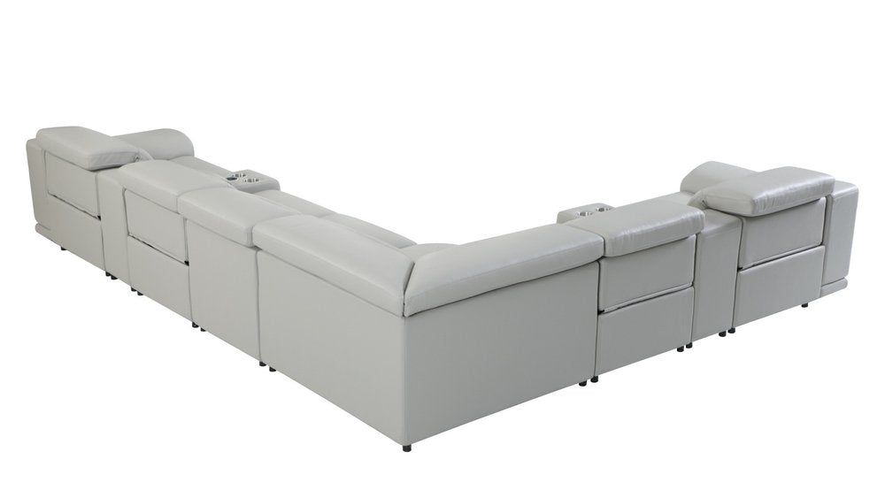 Light Gray Italian Leather Power Reclining U Shaped Eight Piece Corner Sectional With Console — view 3