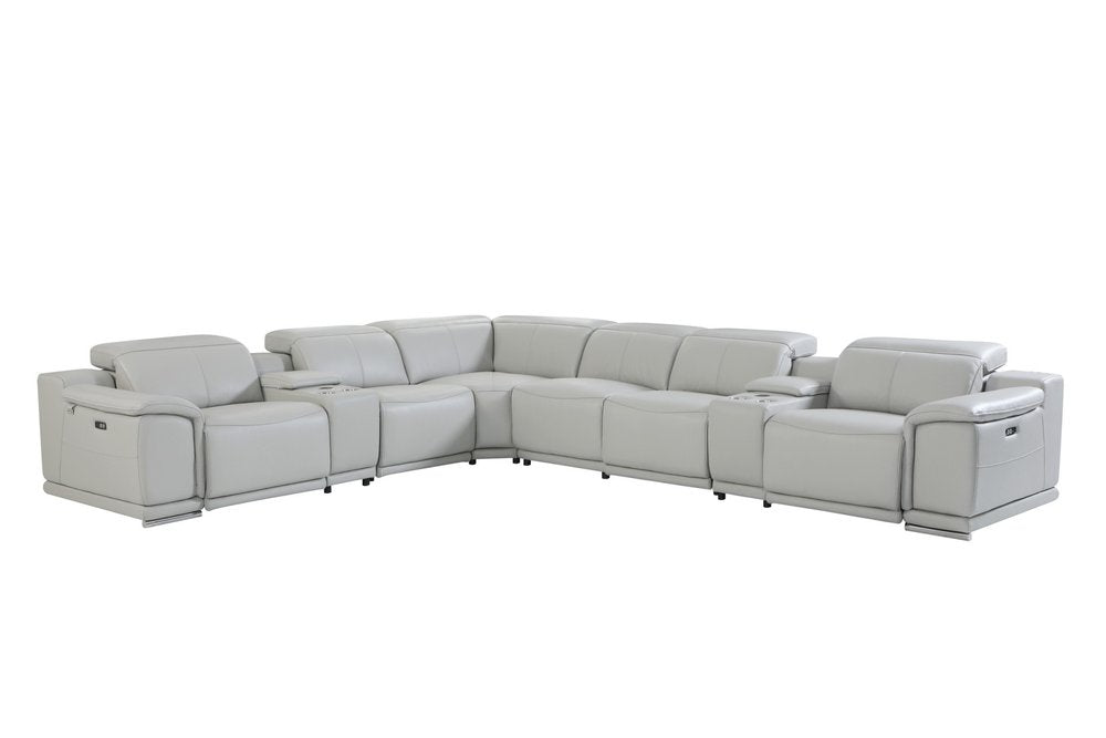 Light Gray Italian Leather Power Reclining U Shaped Eight Piece Corner Sectional With Console — view 4