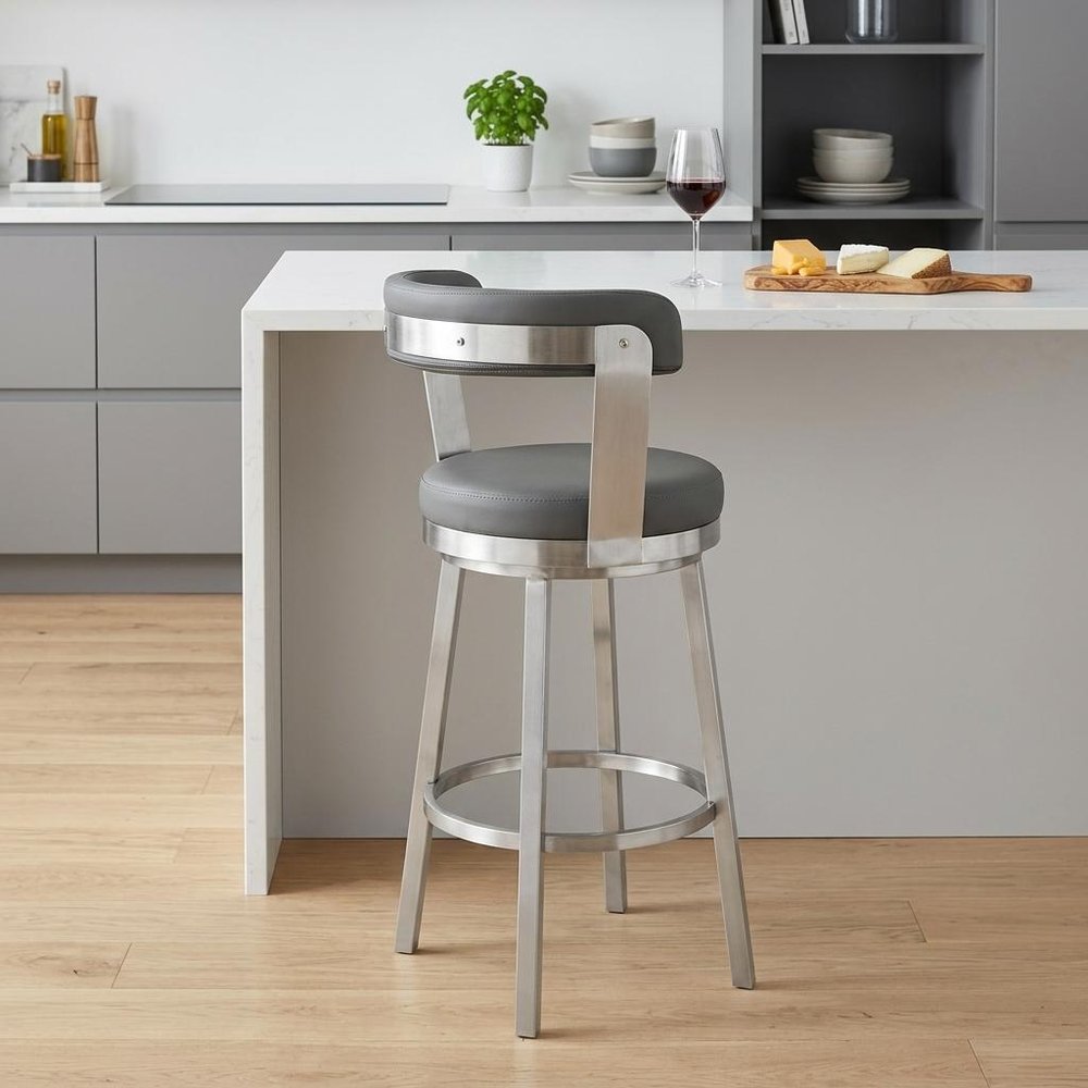 26" Gray And Silver Fabric And Iron Backless Counter Height Swivel Bar Chair HomeRoots