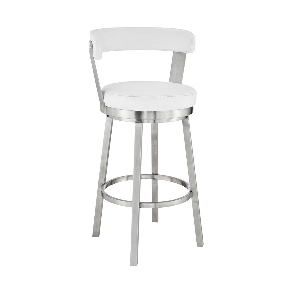 26" White And Silver Fabric And Iron Backless Counter Height Swivel Bar Chair HomeRoots