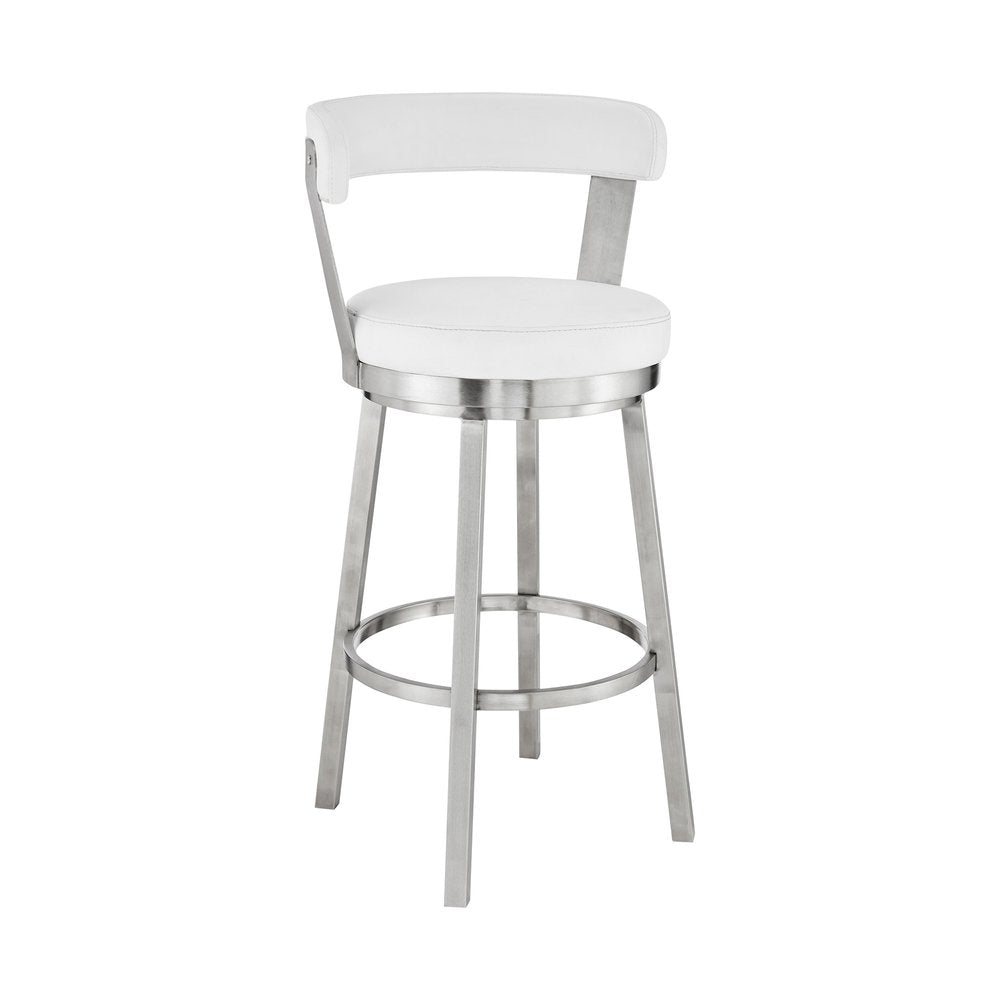 30" White And Silver Fabric And Iron Backless Bar Height Swivel Bar Chair HomeRoots