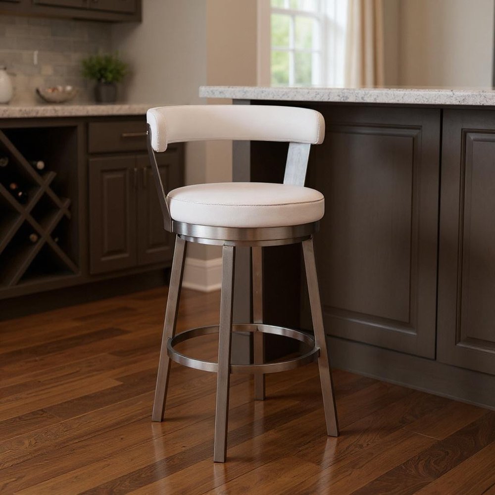 30" White And Silver Fabric And Iron Backless Bar Height Swivel Bar Chair HomeRoots