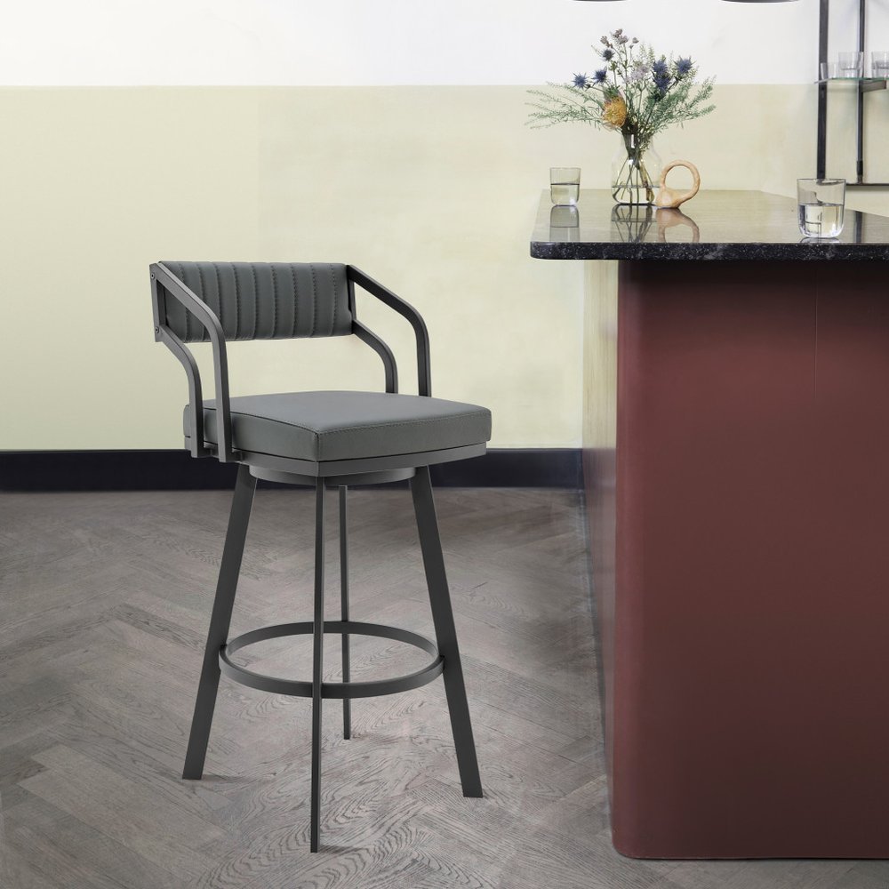 26" Gray And Black Fabric And Iron Low Back Counter Height Swivel Bar Chair HomeRoots