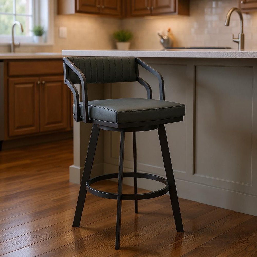 26" Gray And Black Fabric And Iron Low Back Counter Height Swivel Bar Chair HomeRoots