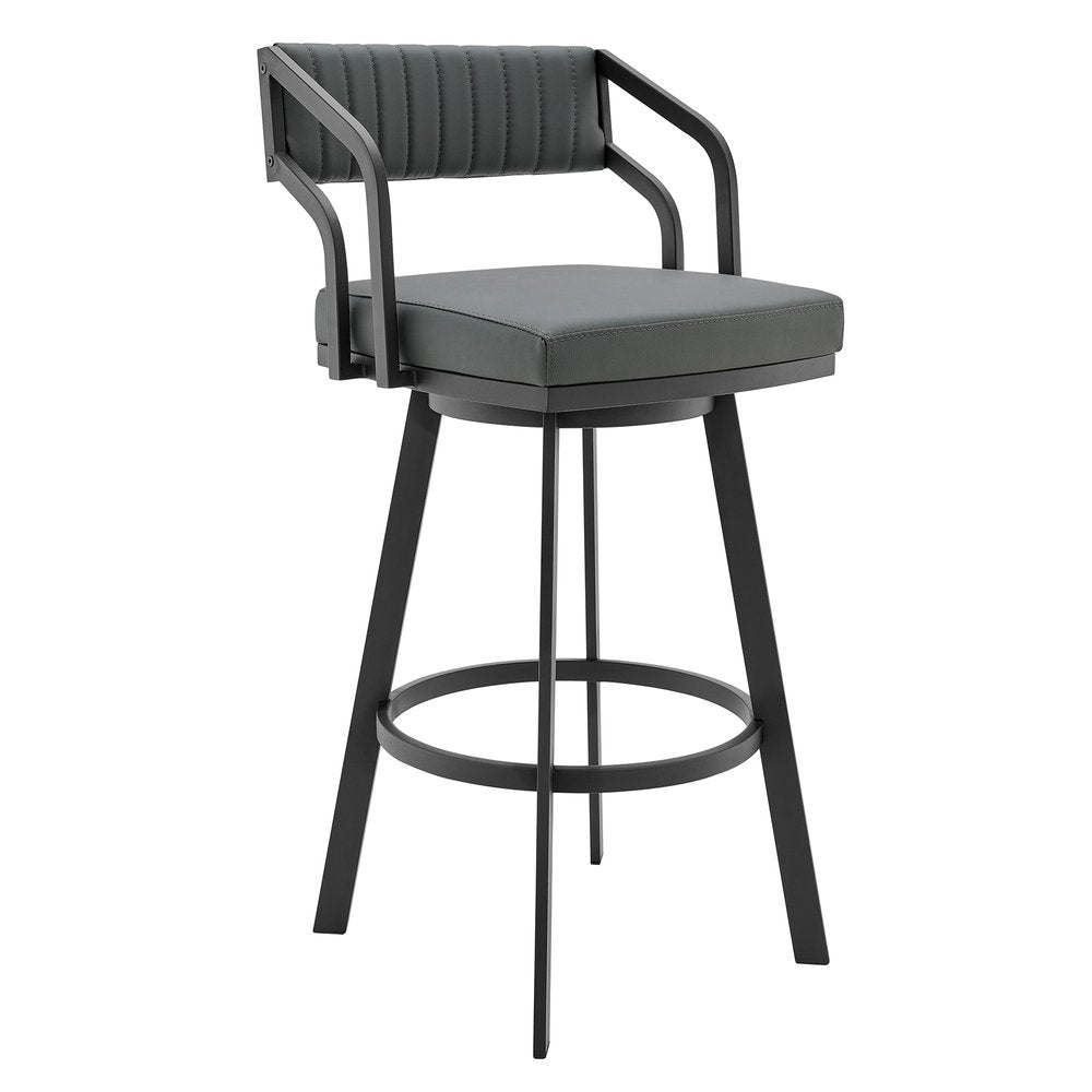 26" Gray And Black Fabric And Iron Low Back Counter Height Swivel Bar Chair HomeRoots