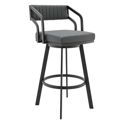 26" Gray And Black Fabric And Iron Low Back Counter Height Swivel Bar Chair HomeRoots