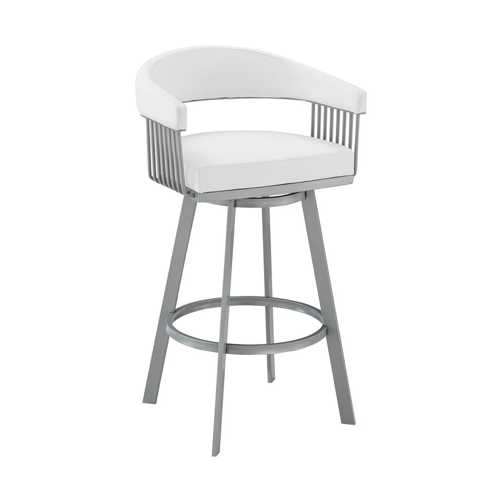25" White And Silver Fabric And Iron Backless Counter Height Swivel Bar Chair HomeRoots