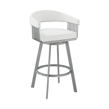 25" White And Silver Fabric And Iron Backless Counter Height Swivel Bar Chair HomeRoots