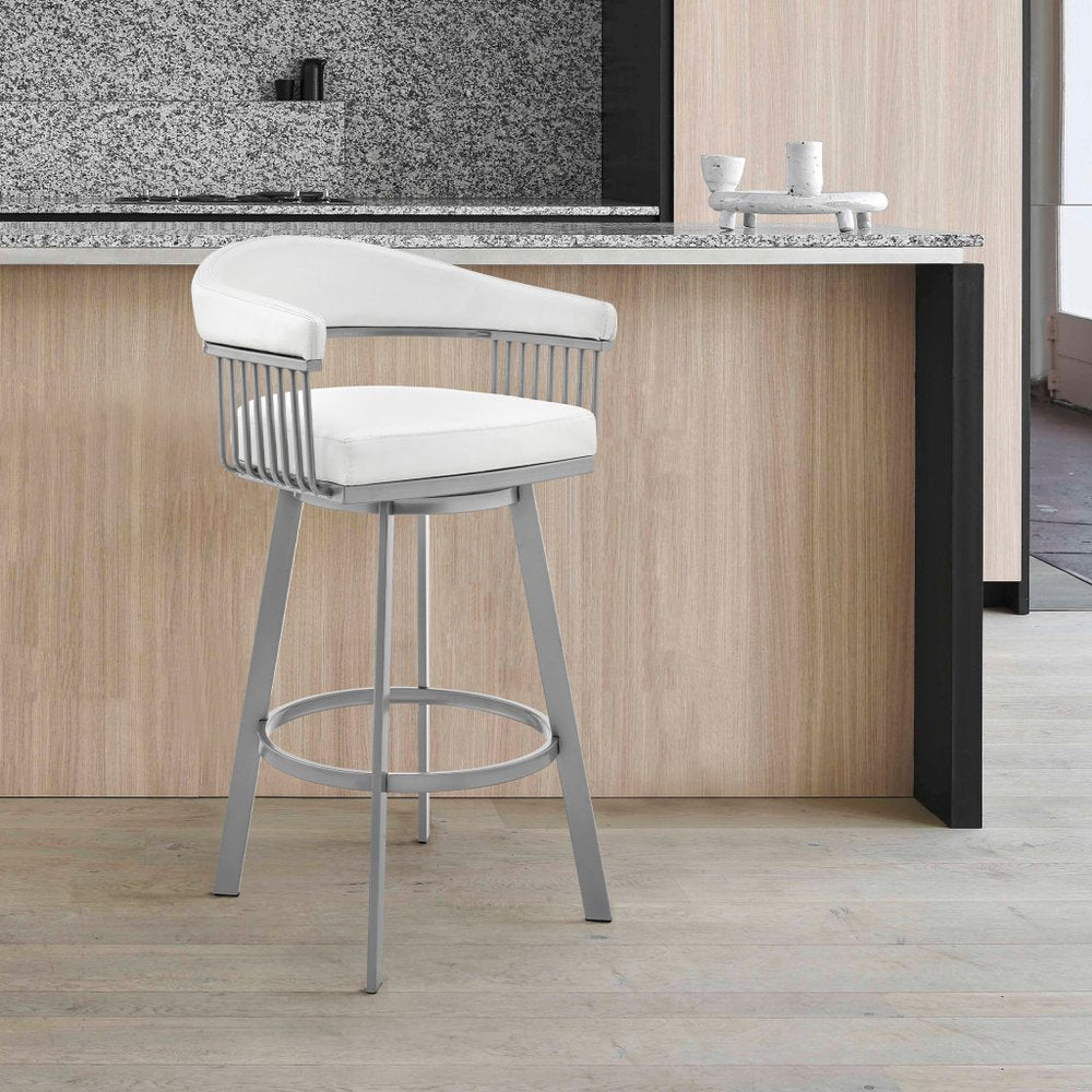 25" White And Silver Fabric And Iron Backless Counter Height Swivel Bar Chair HomeRoots