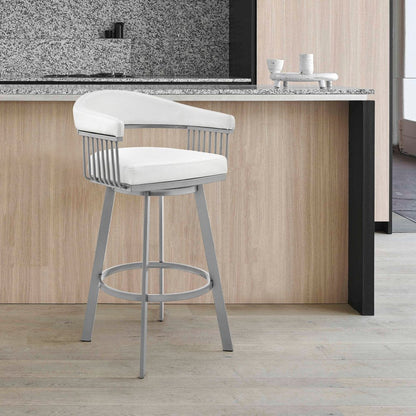 25" White And Silver Fabric And Iron Backless Counter Height Swivel Bar Chair HomeRoots