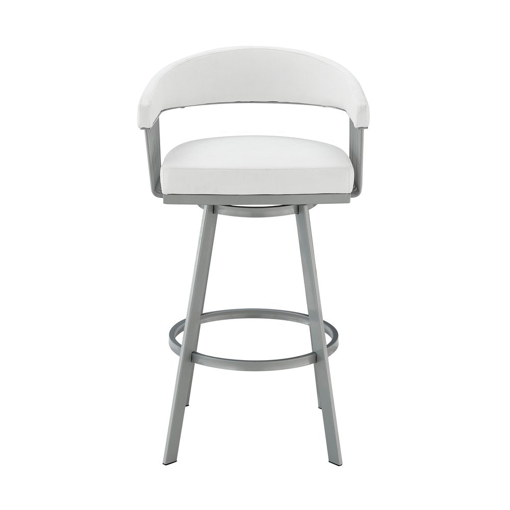 25" White And Silver Fabric And Iron Backless Counter Height Swivel Bar Chair HomeRoots