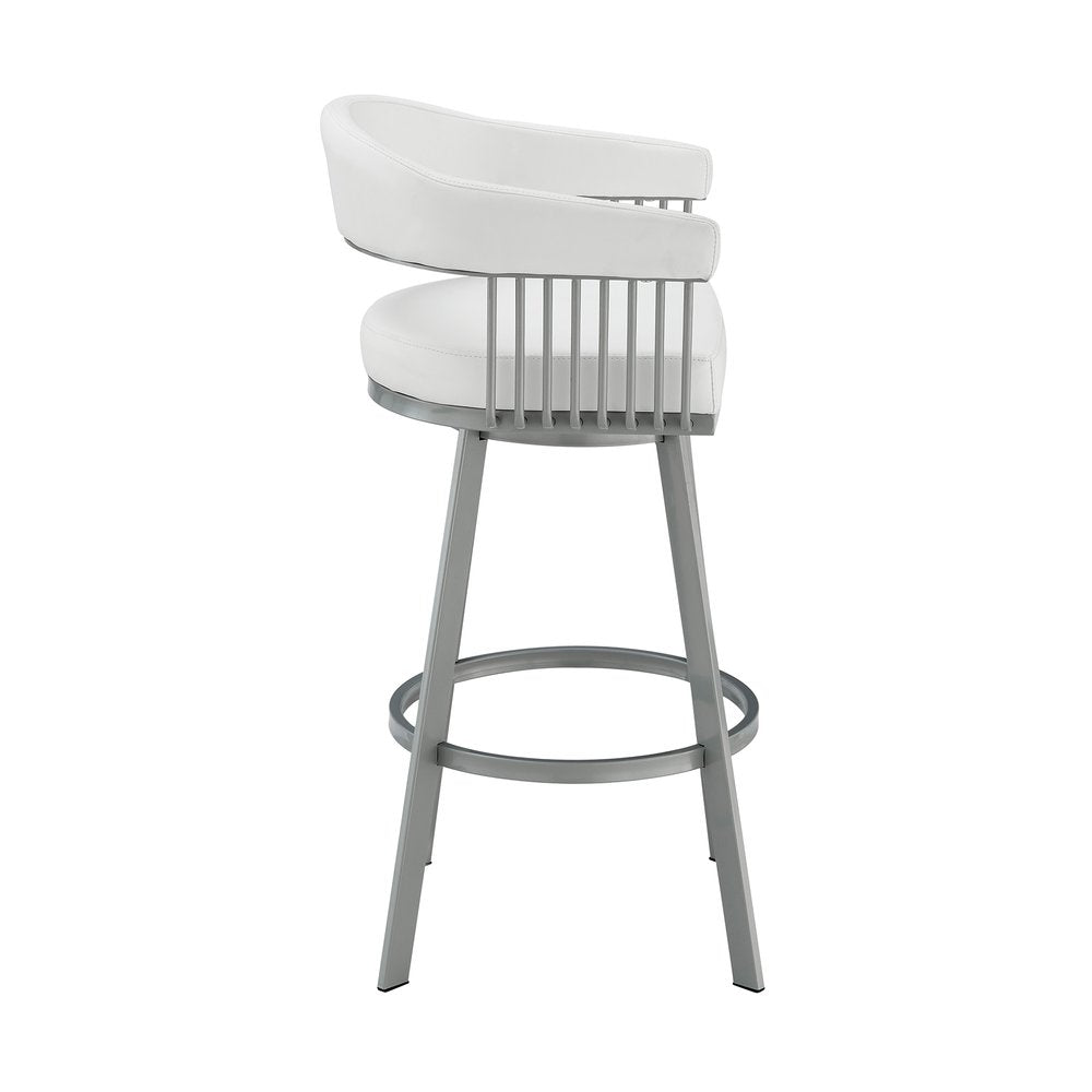 25" White And Silver Fabric And Iron Backless Counter Height Swivel Bar Chair HomeRoots