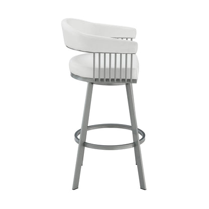 25" White And Silver Fabric And Iron Backless Counter Height Swivel Bar Chair HomeRoots