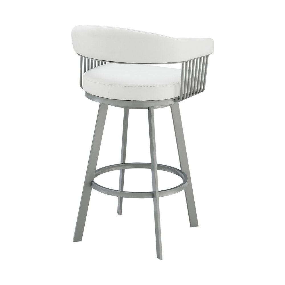 25" White And Silver Fabric And Iron Backless Counter Height Swivel Bar Chair HomeRoots