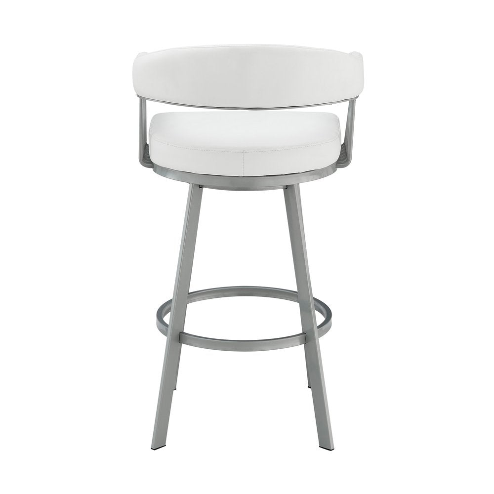 25" White And Silver Fabric And Iron Backless Counter Height Swivel Bar Chair HomeRoots