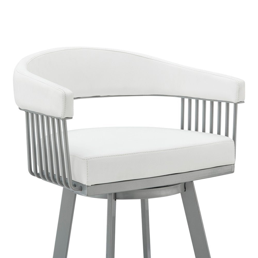 25" White And Silver Fabric And Iron Backless Counter Height Swivel Bar Chair HomeRoots