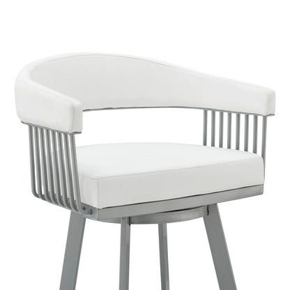 25" White And Silver Fabric And Iron Backless Counter Height Swivel Bar Chair HomeRoots