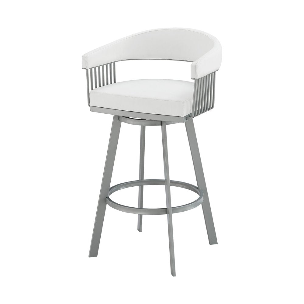 25" White And Silver Fabric And Iron Backless Counter Height Swivel Bar Chair HomeRoots