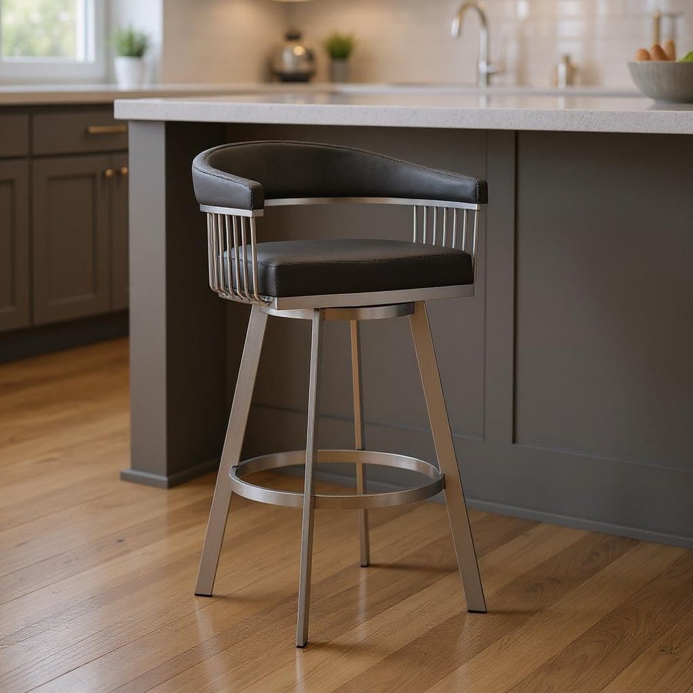 25" Gray And Silver Fabric And Iron Backless Counter Height Swivel Bar Chair HomeRoots