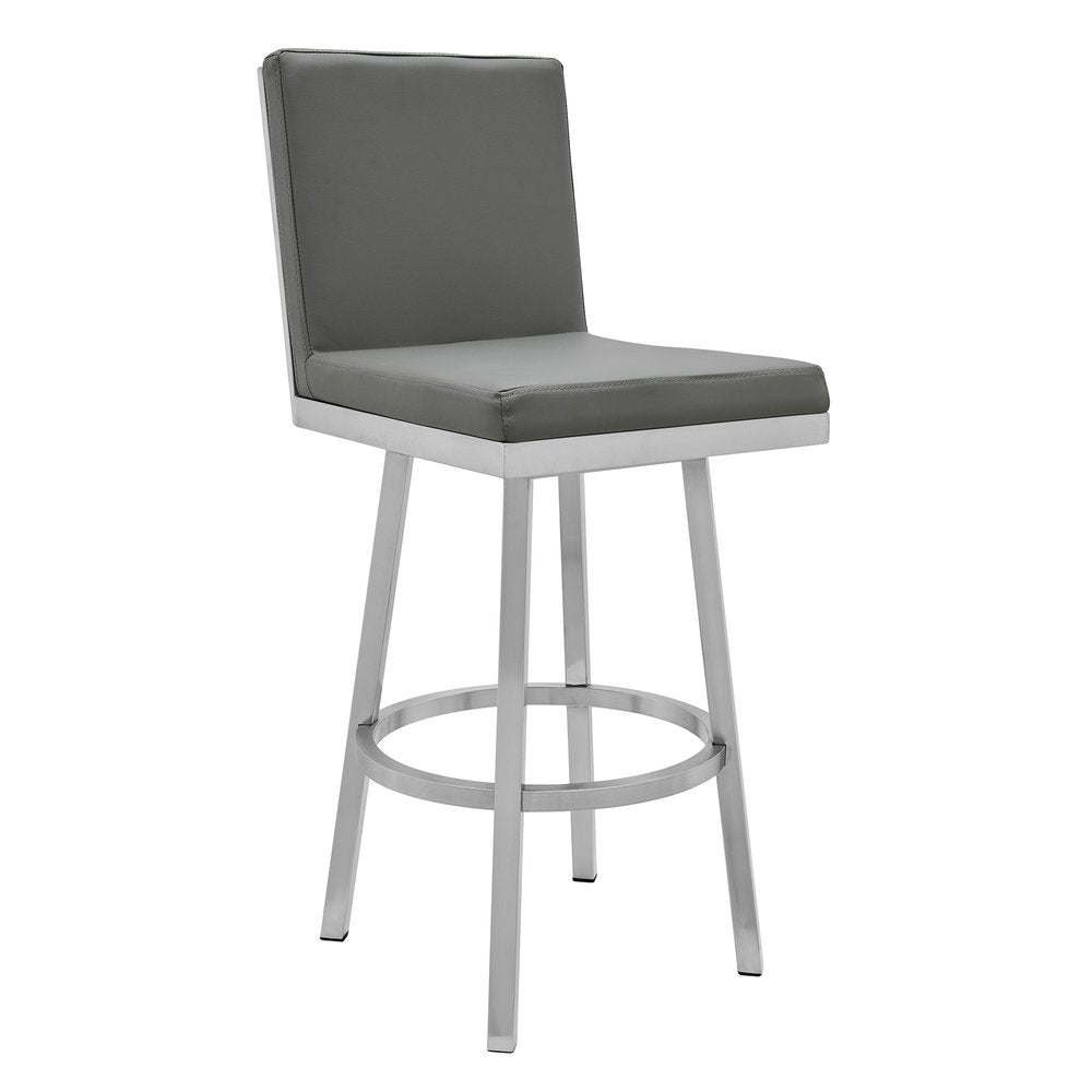 30" Gray And Silver Faux Leather And Faux Leather And Iron Bar Height Swivel Bar Chair HomeRoots