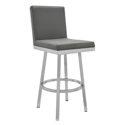 30" Gray And Silver Faux Leather And Faux Leather And Iron Bar Height Swivel Bar Chair HomeRoots