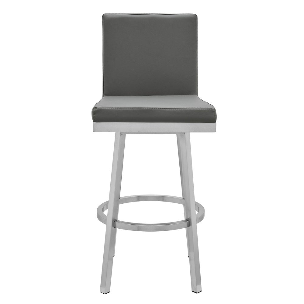 30" Gray And Silver Faux Leather And Faux Leather And Iron Bar Height Swivel Bar Chair HomeRoots