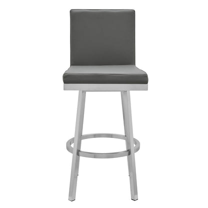 30" Gray And Silver Faux Leather And Faux Leather And Iron Bar Height Swivel Bar Chair HomeRoots