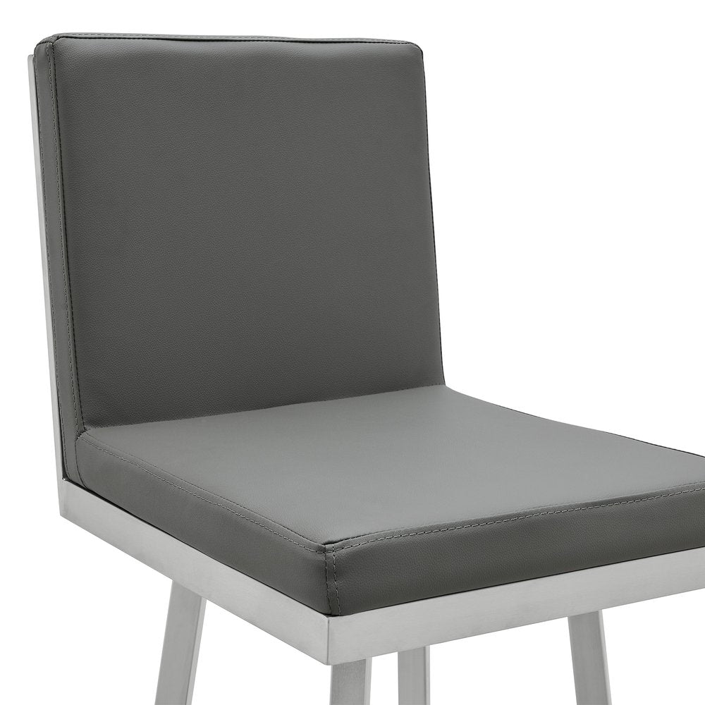 30" Gray And Silver Faux Leather And Faux Leather And Iron Bar Height Swivel Bar Chair HomeRoots
