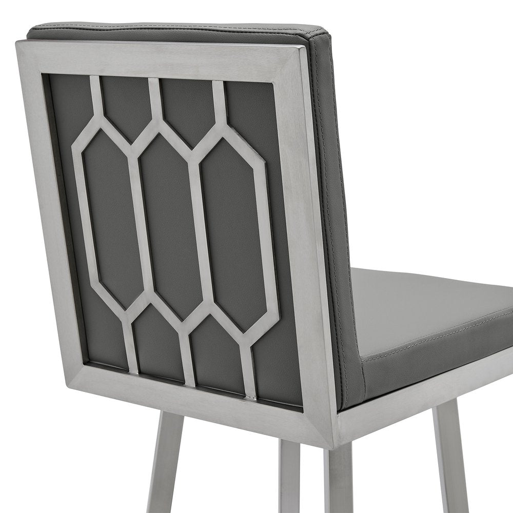 30" Gray And Silver Faux Leather And Faux Leather And Iron Bar Height Swivel Bar Chair HomeRoots