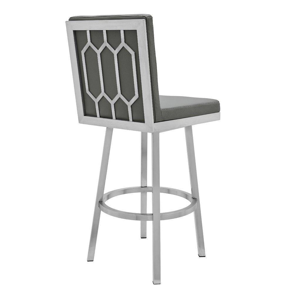 30" Gray And Silver Faux Leather And Faux Leather And Iron Bar Height Swivel Bar Chair HomeRoots