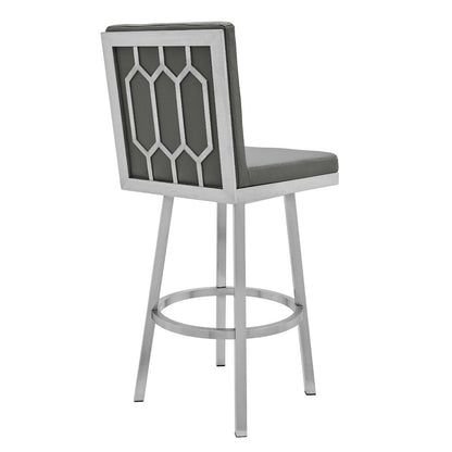 30" Gray And Silver Faux Leather And Faux Leather And Iron Bar Height Swivel Bar Chair HomeRoots