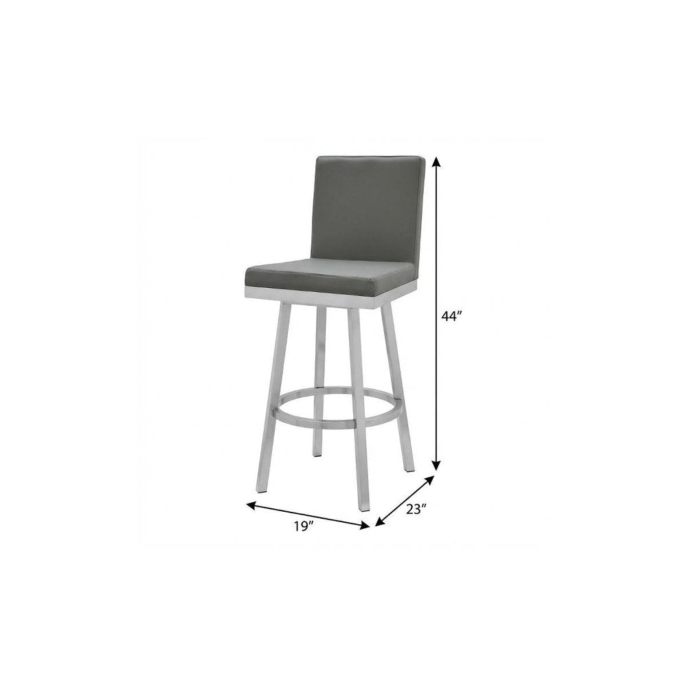 30" Gray And Silver Faux Leather And Faux Leather And Iron Bar Height Swivel Bar Chair HomeRoots