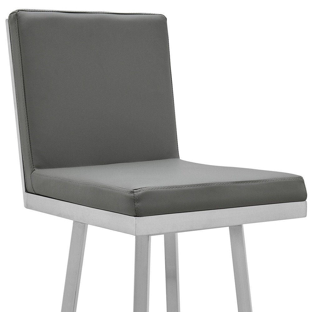 30" Gray And Silver Faux Leather And Faux Leather And Iron Bar Height Swivel Bar Chair HomeRoots