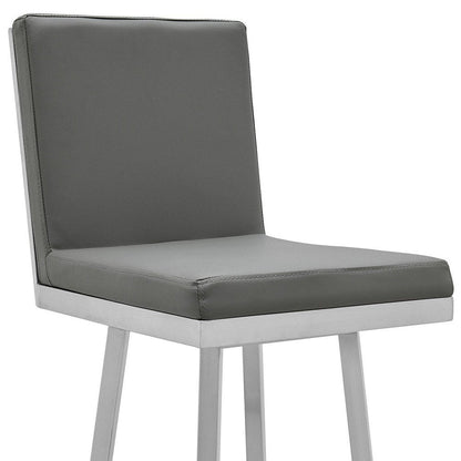 30" Gray And Silver Faux Leather And Faux Leather And Iron Bar Height Swivel Bar Chair HomeRoots