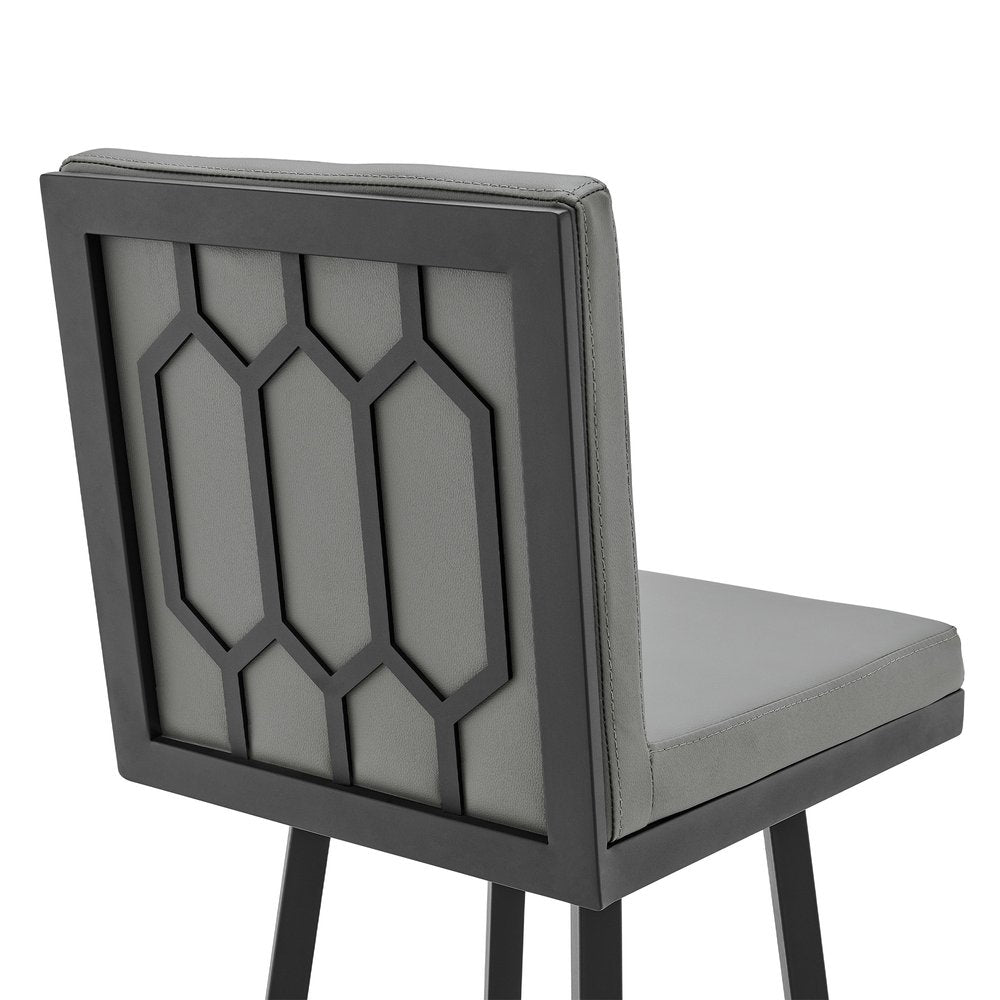 30" Gray And Black Faux Leather And Fabric And Iron Bar Height Swivel Bar Chair HomeRoots