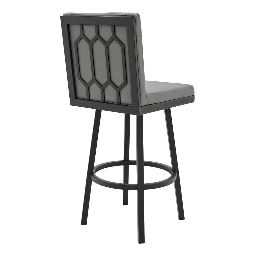 30" Gray And Black Faux Leather And Fabric And Iron Bar Height Swivel Bar Chair HomeRoots