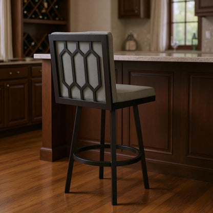 30" Gray And Black Faux Leather And Fabric And Iron Bar Height Swivel Bar Chair HomeRoots