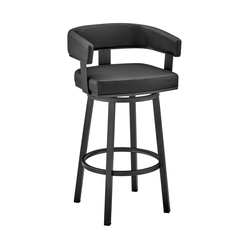 30" Black Faux Leather And Fabric And Iron Low Back Bar Height Swivel Bar Chair HomeRoots
