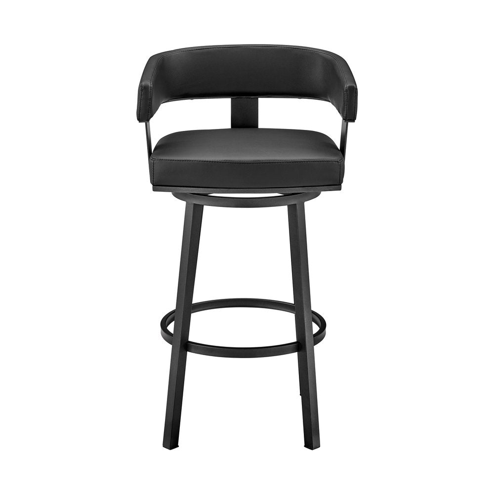 30" Black Faux Leather And Fabric And Iron Low Back Bar Height Swivel Bar Chair HomeRoots