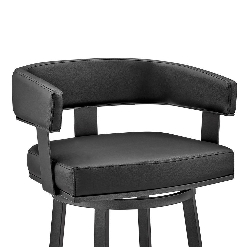 30" Black Faux Leather And Fabric And Iron Low Back Bar Height Swivel Bar Chair HomeRoots